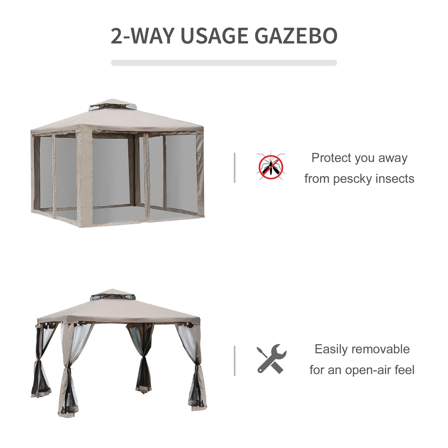 Outsunny Outdoor Gazebo, 2-tier Roof with Netting, 295L x 295W x 263Hcm-Taupe