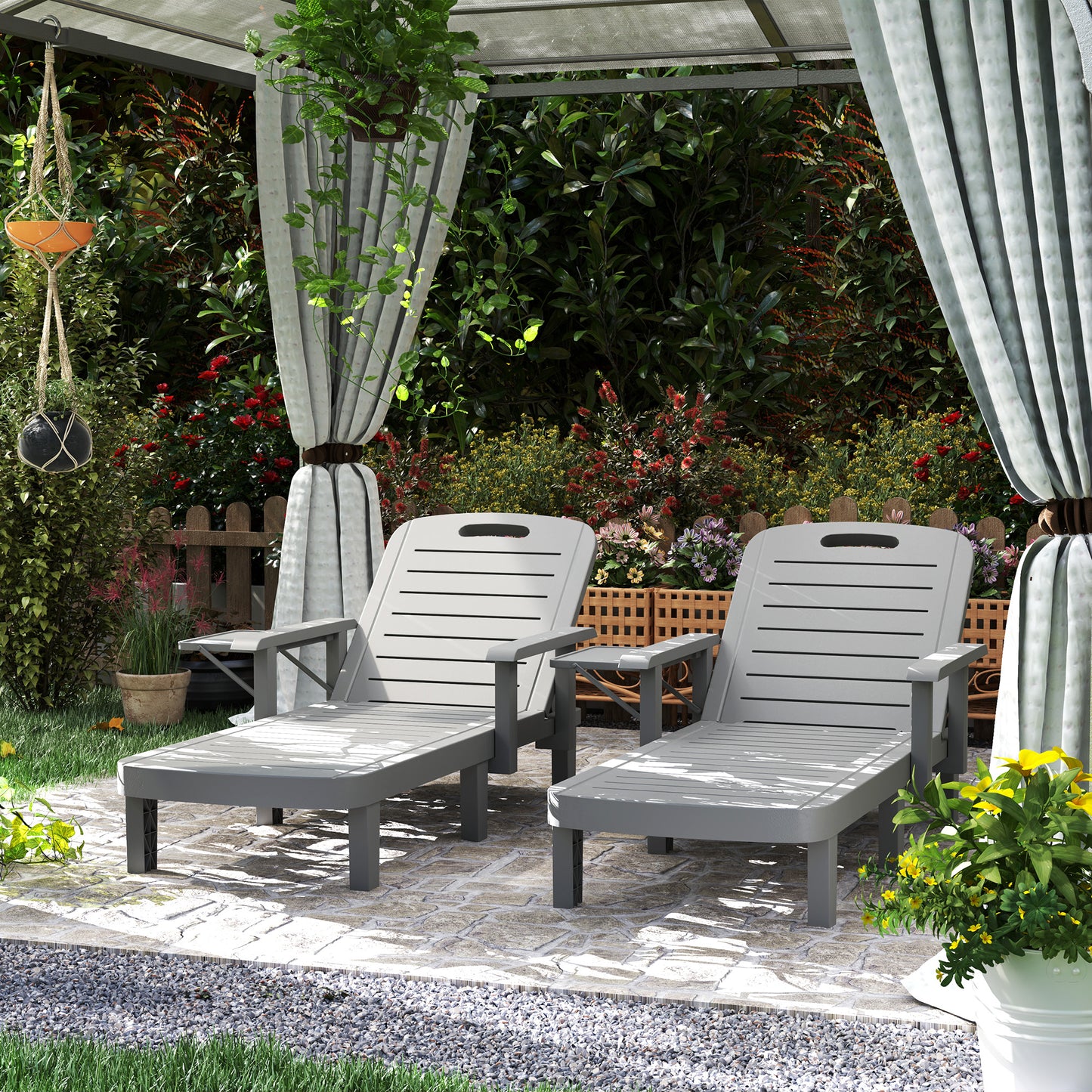 Outsunny Set of 2 Resin Reclining Sun Loungers for Garden, 5 Positions Adjustable Outdoor Chaise Lounge Chairs with Wood Texture Surface, Armrests, Foldable Side Table for Garden, Beach, Dark Grey