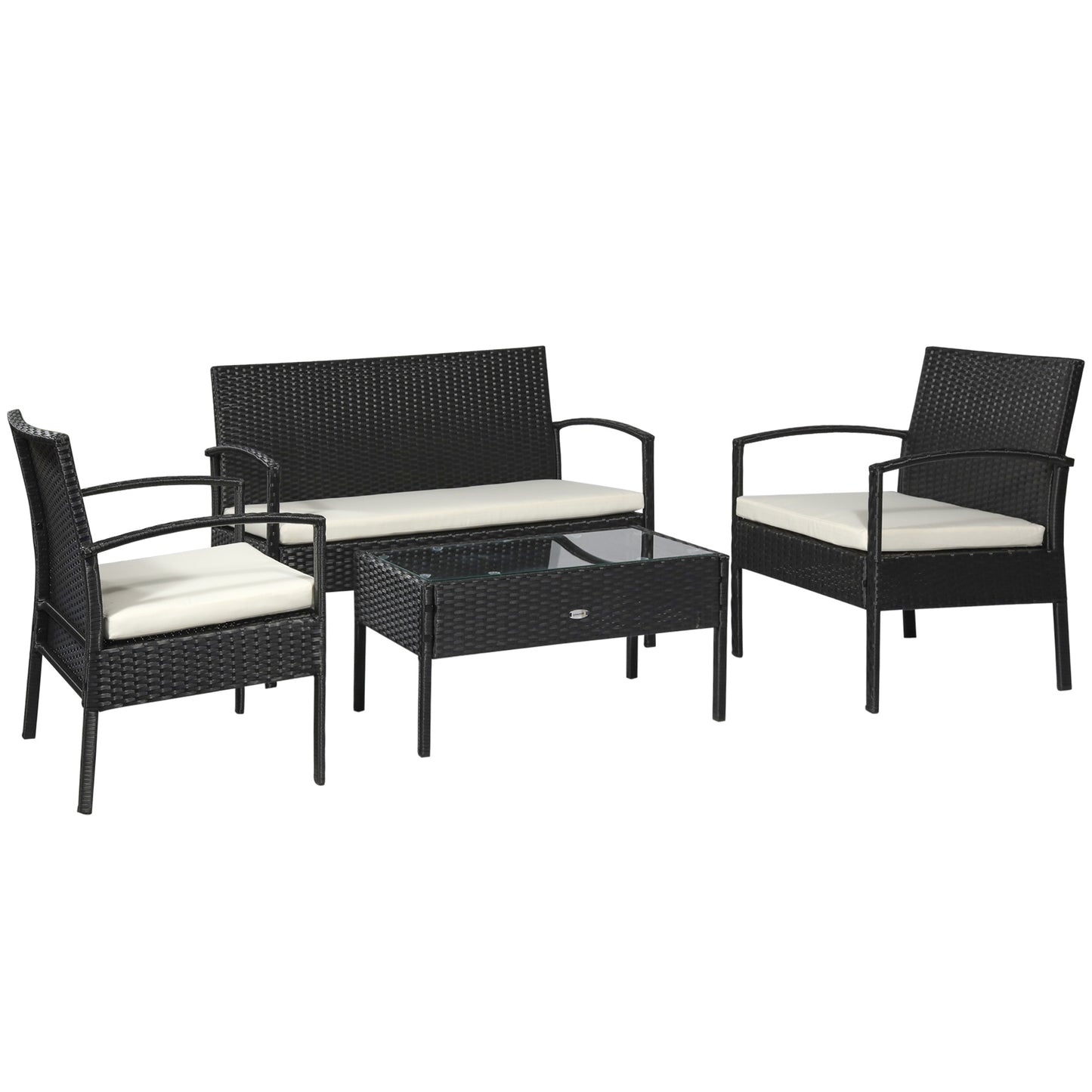 Photo of Outsunny 4 Pieces Rattan Garden Furniture Set, 4 Seater Garden Sofa Set with Loveseat, Armchairs and Glass Top Table, Wicker Conservatory Furniture with Cushions for Patio, Balcony, Black in Black colour on a white background