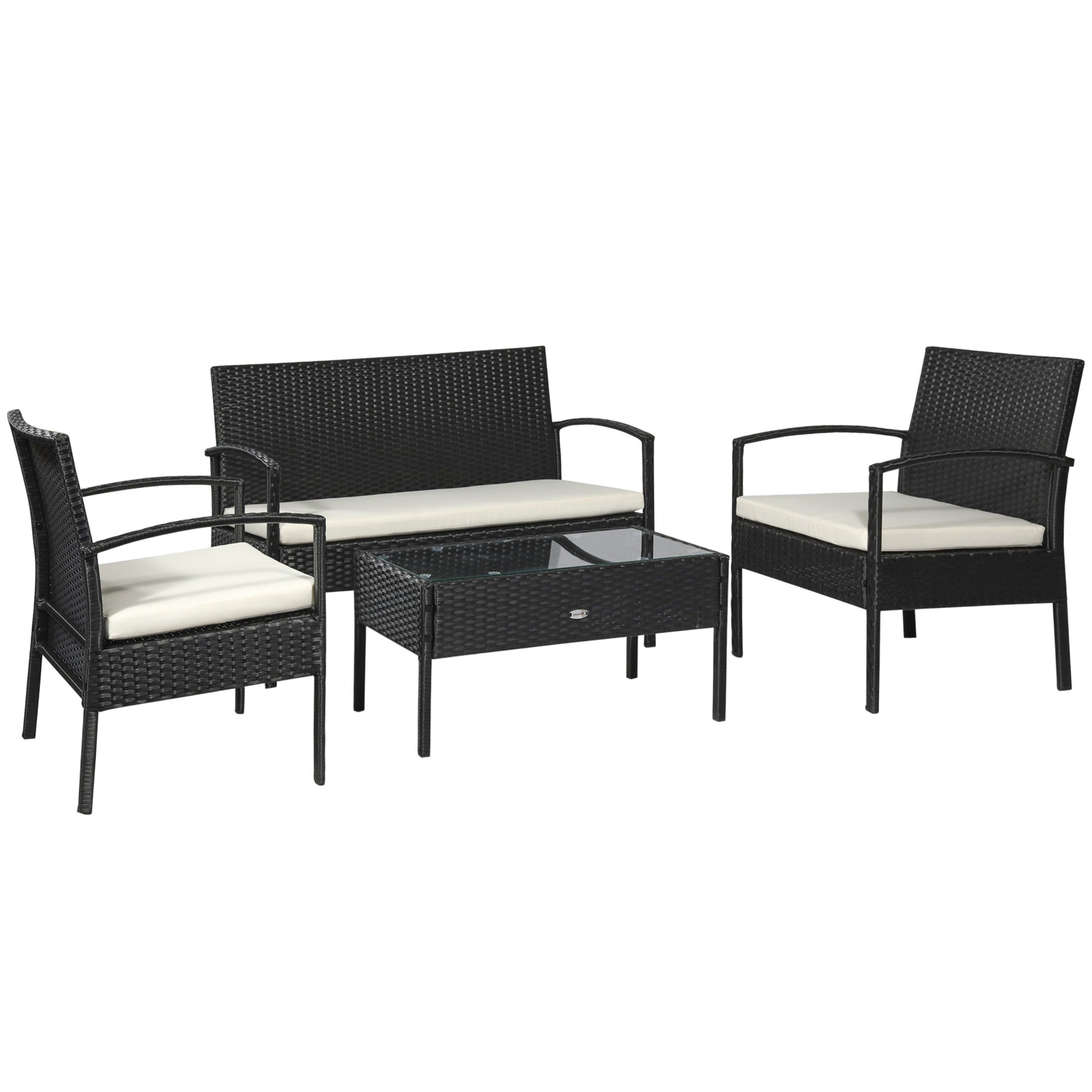 Photo of Outsunny 4 Pieces Rattan Garden Furniture Set, 4 Seater Garden Sofa Set with Loveseat, Armchairs and Glass Top Table, Wicker Conservatory Furniture with Cushions for Patio, Balcony, Black in Black colour on a white background