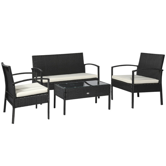 Photo of Outsunny 4 Pieces Rattan Garden Furniture Set, 4 Seater Garden Sofa Set with Loveseat, Armchairs and Glass Top Table, Wicker Conservatory Furniture with Cushions for Patio, Balcony, Black in Black colour on a white background
