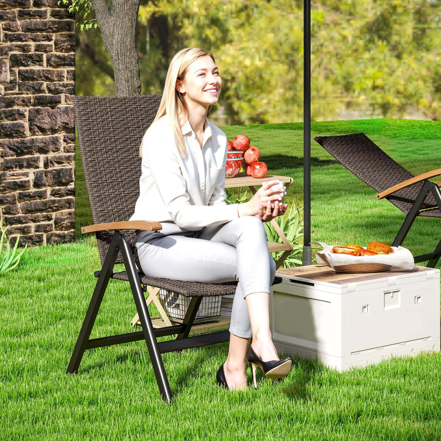 Outsunny Folding Rattan Garden Dining Chair with 5-level Reclining High Back, Wood Armrests for Outdoor, Patio - Brown