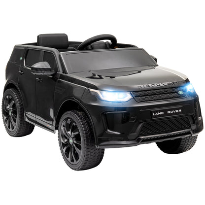 Black AIYAPLAY Land Rover Discovery Sport ride-on car with open cockpit, chunky tires, and illuminated headlights