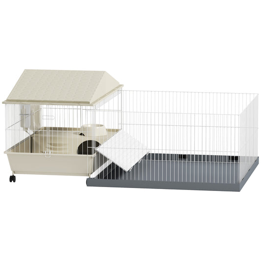 Photo of PawHut Small Animal Cage with Removable Pet Playpen, Guinea Pig Cage with Waterproof Pad, Hay Feeder, 108 x 71 x 57cm, Beige in Beige colour on a white background