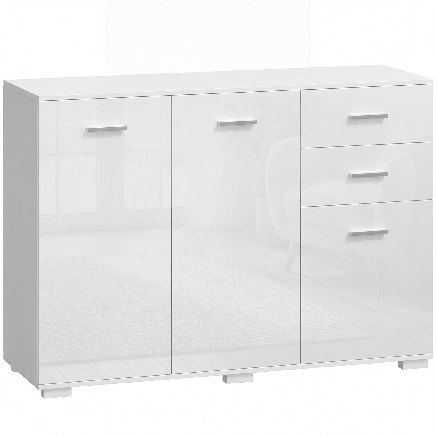 Photo of HOMCOM Sideboard, Modern Storage Cabinet with 2 Drawers, 3 Doors and Adjustable Shelves, High Gloss White in White colour on a white background