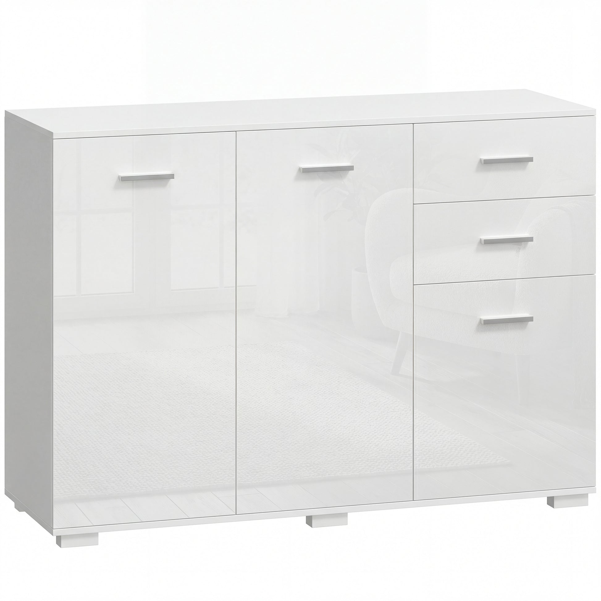 Photo of HOMCOM Sideboard, Modern Storage Cabinet with 2 Drawers, 3 Doors and Adjustable Shelves, High Gloss White in White colour on a white background