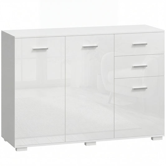 Photo of HOMCOM Sideboard, Modern Storage Cabinet with 2 Drawers, 3 Doors and Adjustable Shelves, High Gloss White in White colour on a white background