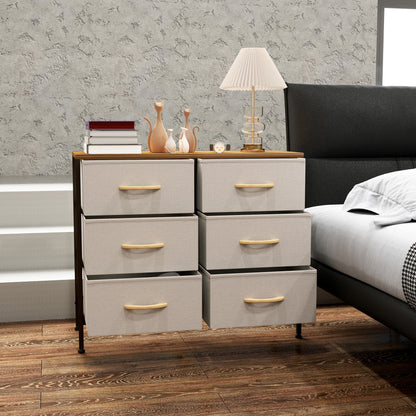 Six-drawer fabric dresser with drawers pulled open