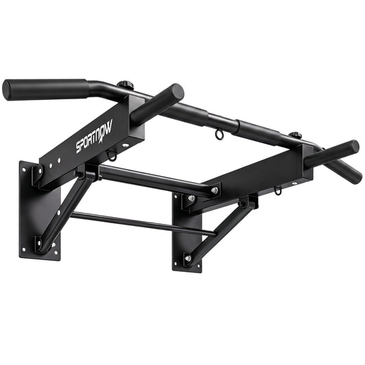 Photo of SPORTNOW Pull Up Bar Wall Mounted Chin Up Bar with Folding Design, 3 Hooks for Resistance Bands, Supports up to 120 kg, Black in Black colour on a white background