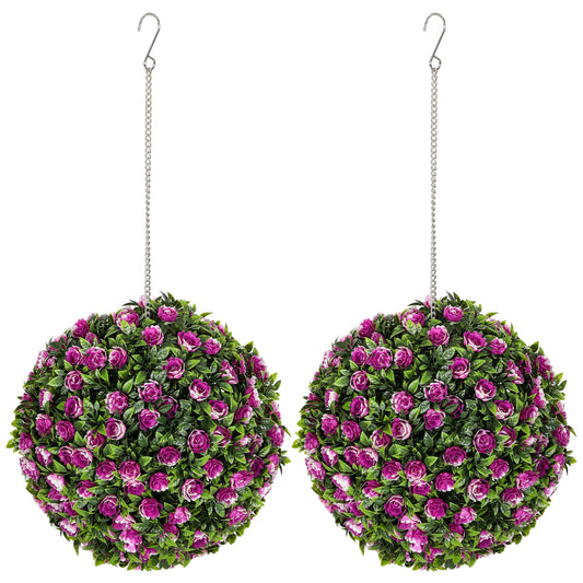 Photo of HOMCOM Set of 2 Decorative Artificial Plants, UV-protected Artificial Plant Topiary Rose Balls, Fake Plants for Home Indoor outdoor Decor, 28cm, Purple in Purple colour on a white background