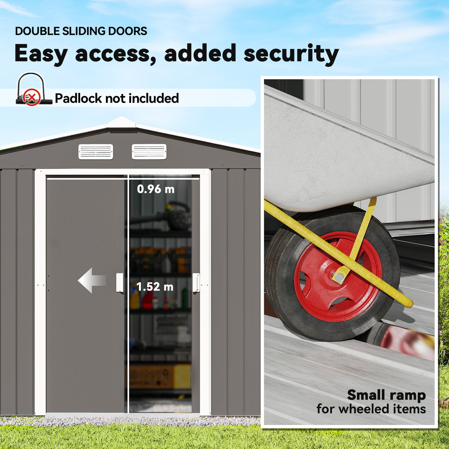 Outsunny 9 x 6FT Outdoor Garden Roofed Metal Storage Shed Tool Box with Foundation Ventilation & Doors Light, Grey