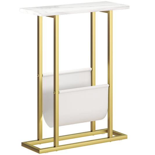 Photo of HOMCOM Narrow Side Table, End Table with Magazine Holder, Nightstand for Small Spaces, Living Room, Bedroom, White Marble Grain in Grain colour on a white background
