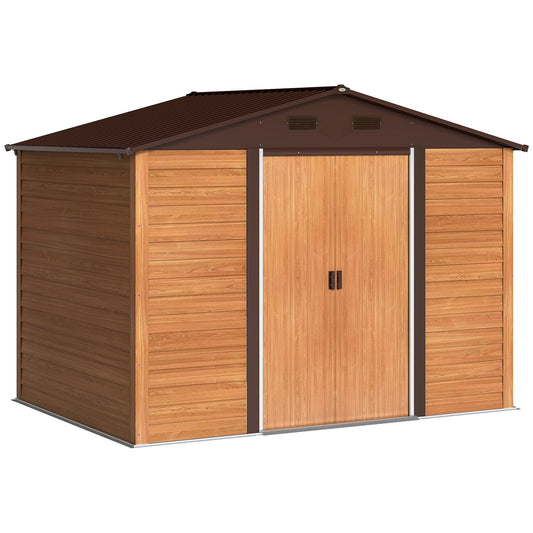 Photo of Outsunny 9 x 6ft Galvanised Steel Shed - Brown Wood-Effect in Wood-Effect colour on a white background