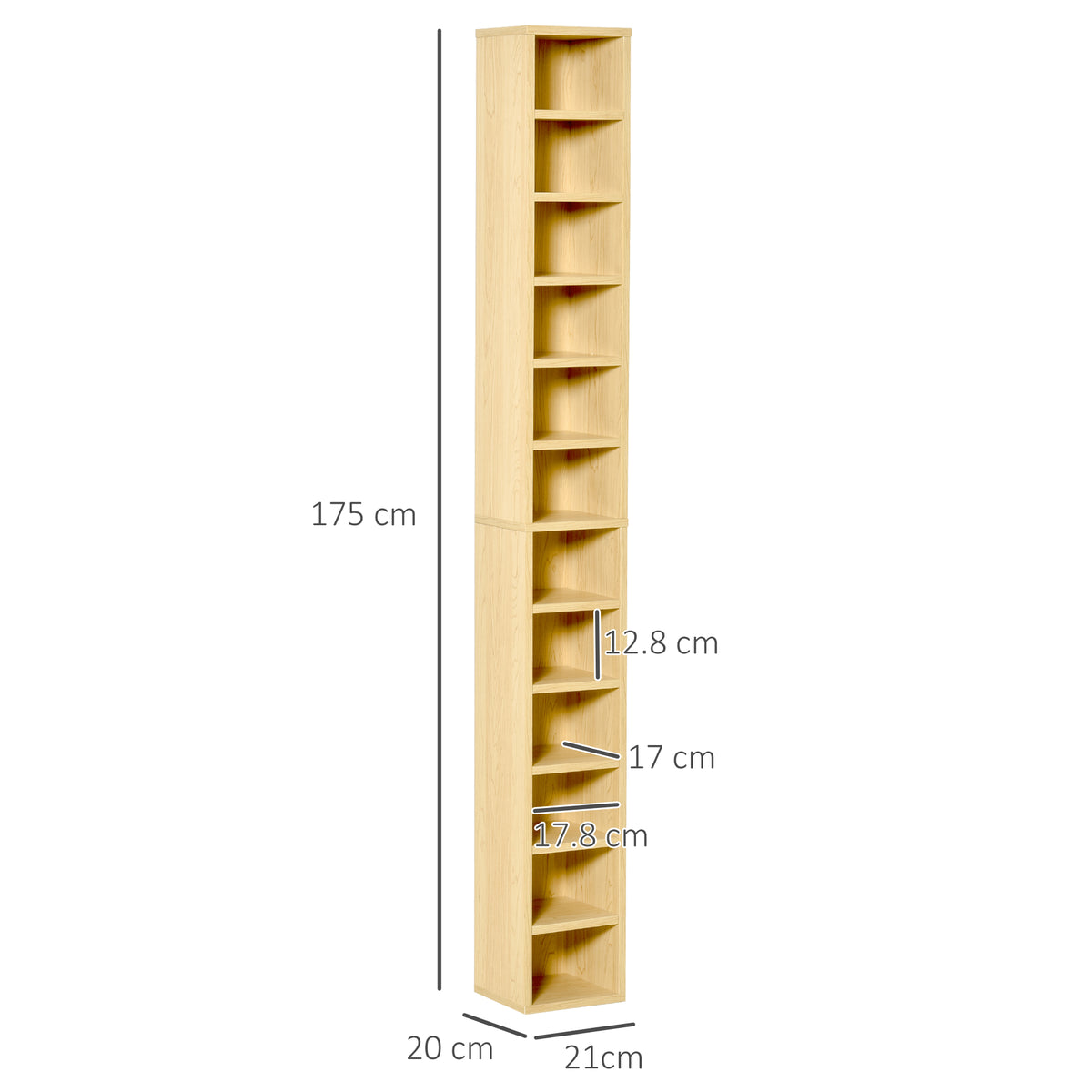 Oak-tone CD storage tower with 12 shelves and dimensions marked