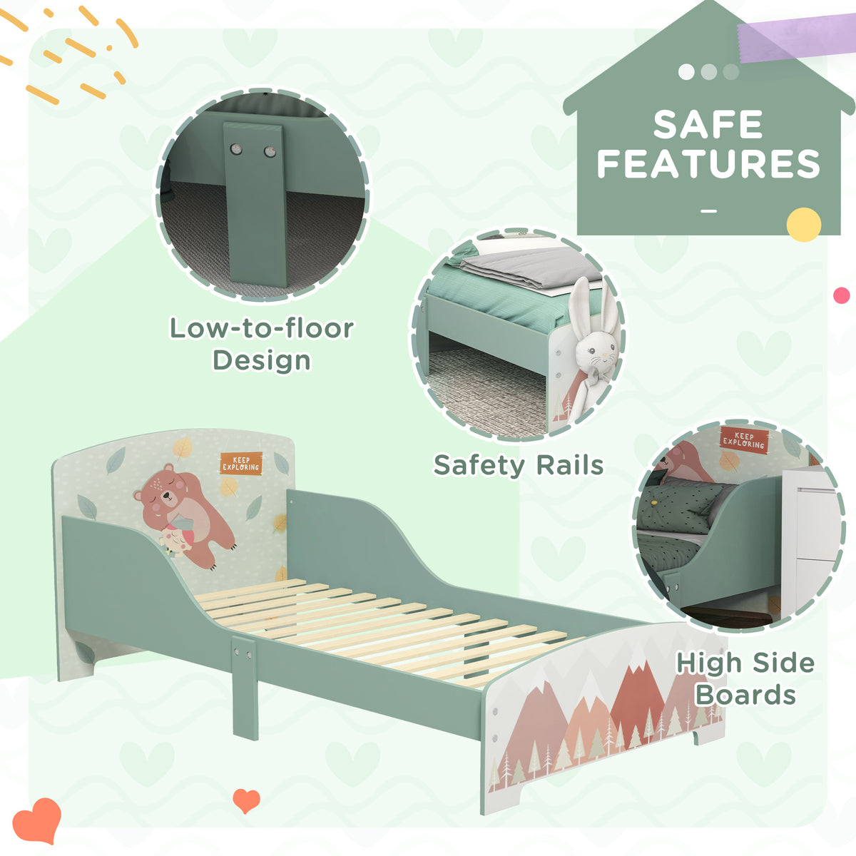 ZONEKIZ toddler bed with safety rails, raised side boards, and low-to-floor frame