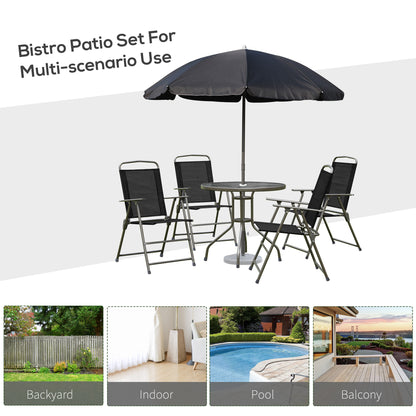 Outsunny black patio dining set with umbrella and four folding chairs