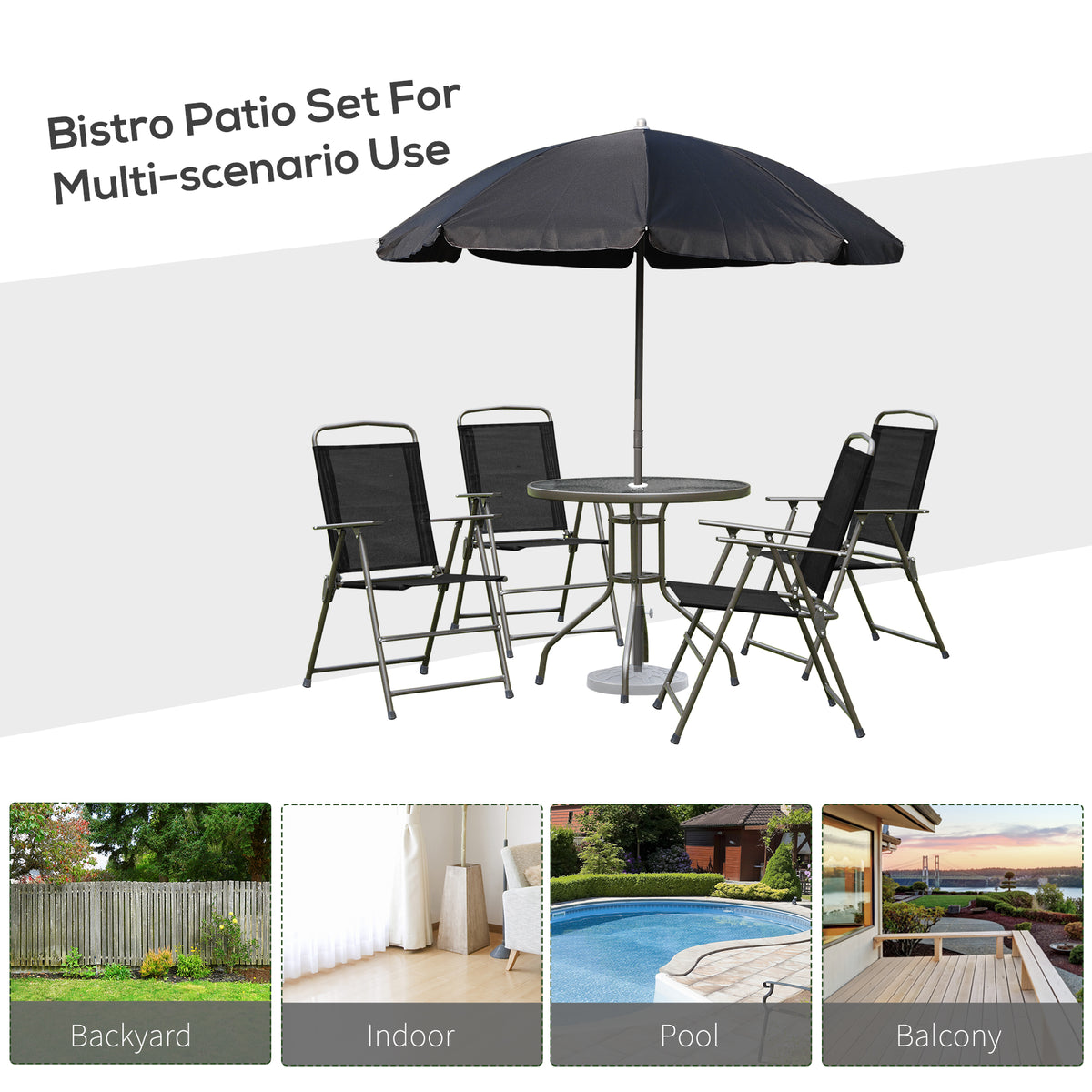 Outsunny 6 Piece Garden Dining Set with Umbrella, Patio Sets with Parasol with 4 Folding Dining Chairs, Black