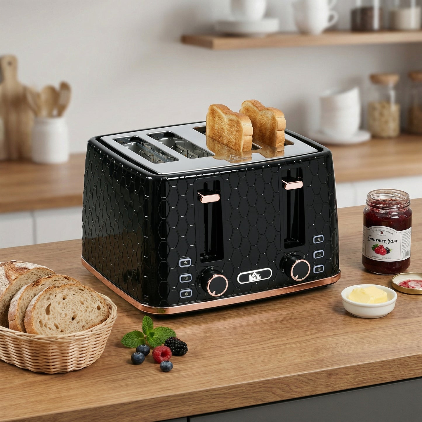 HOMCOM 4 Slice Toaster with 7 Browning Levels, High Lift, Reheat/Defrost/Cancel, Self-centring Function, Removable Crumb Tray, Auto Off, 1600W, Black Honeycomb Texture
