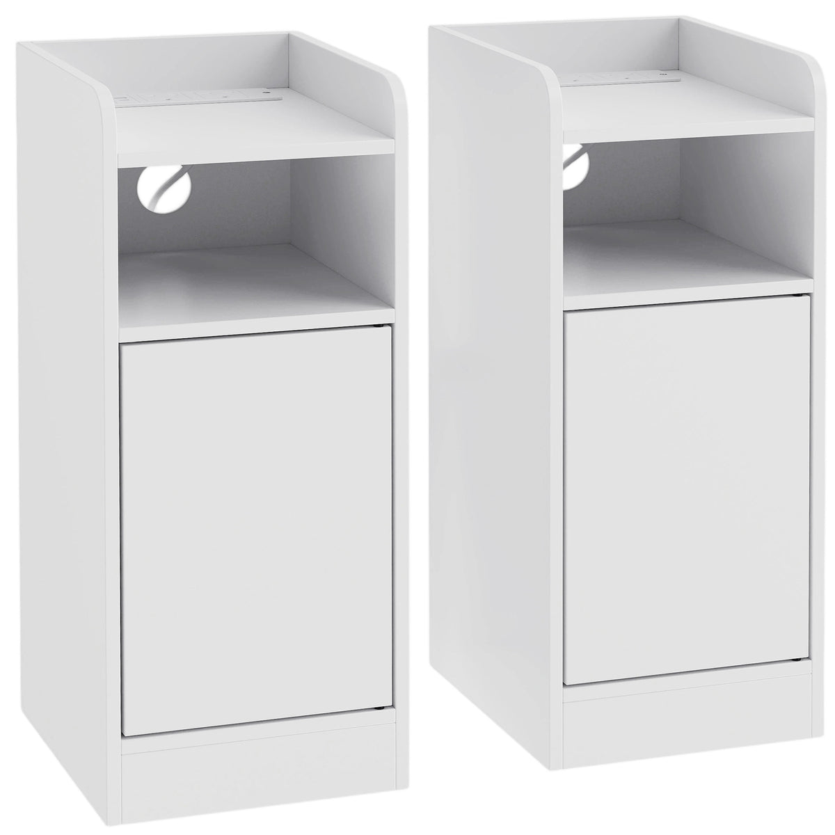 Photo of HOMCOM Slim Bedside Table Set of 2 with Charging Station, Narrow Bedside Cabinet with Adjustable Shelf, White in White colour on a white background