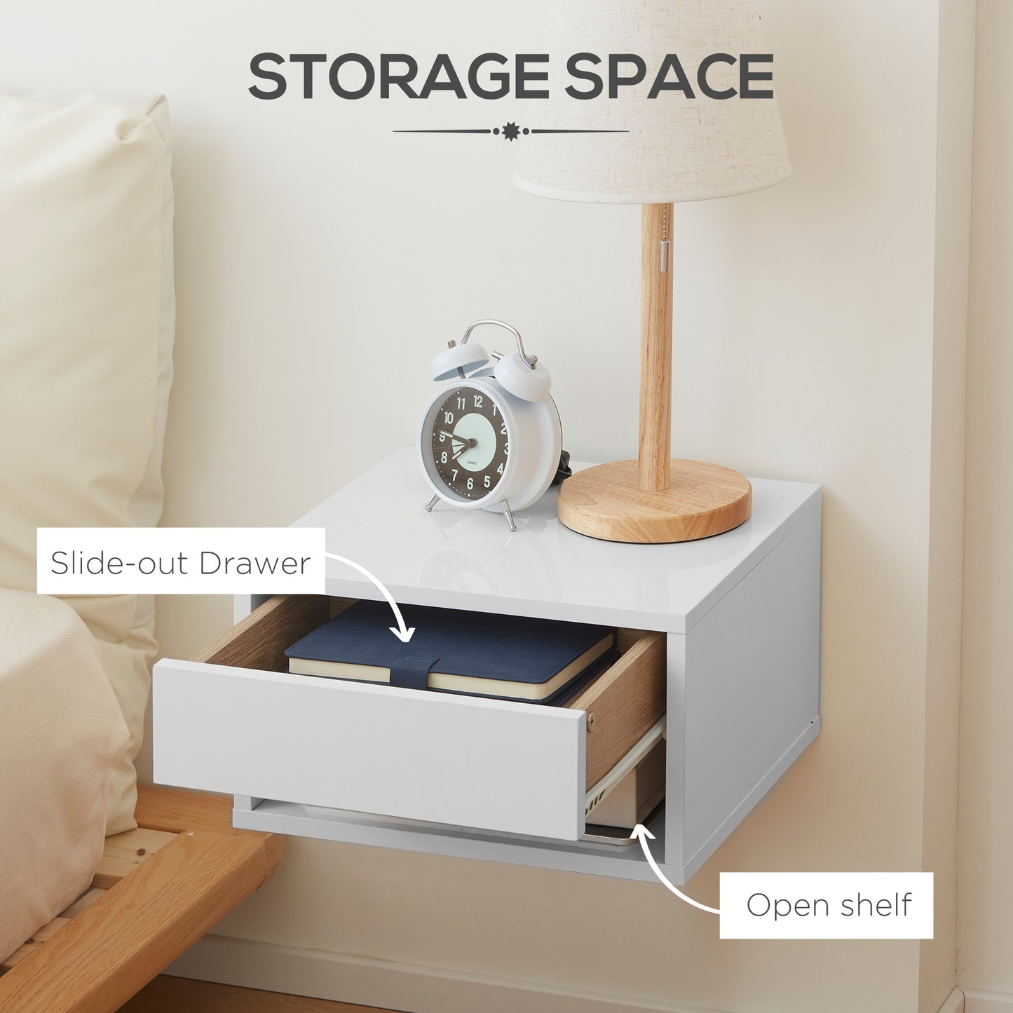 HOMCOM Set of Two Floating Bedside Tables - High Gloss White
