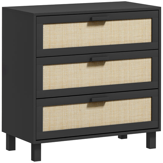 Photo of HOMCOM Rattan Bedroom Chest of Drawers, 3 Drawers Storage Unit, Boho Dresser for Living Room, Hallway, Black in Black colour on a white background