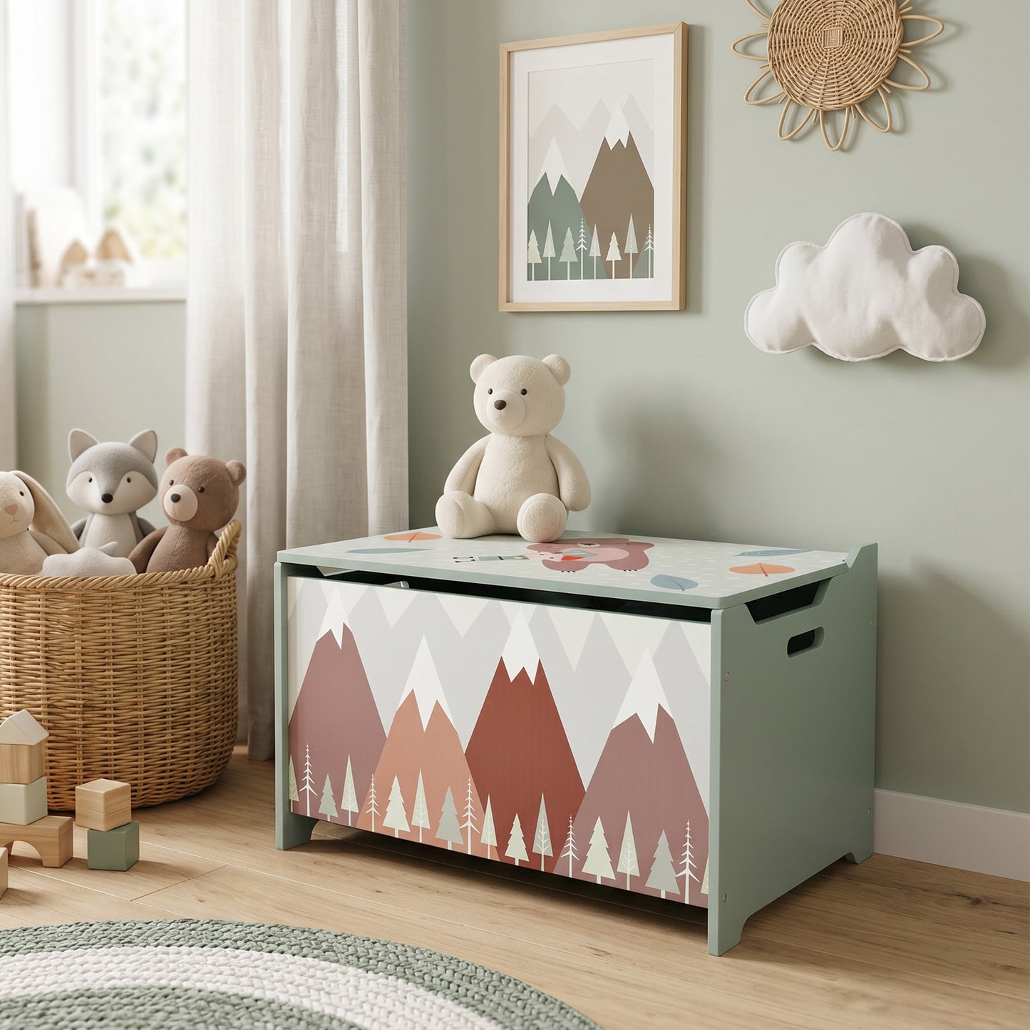 ZONEKIZ Toy Box, Kids Storage Chest, with Lid, Safety Hinge - Green