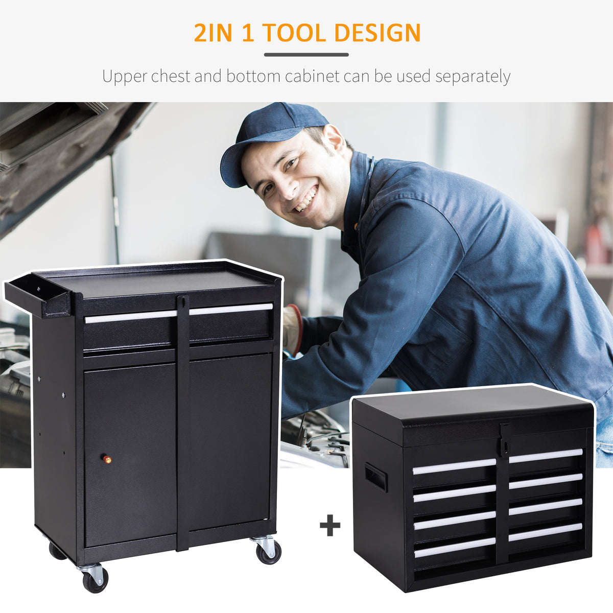 Two-piece black tool cabinet shown as separate rolling lower cabinet and drawer chest
