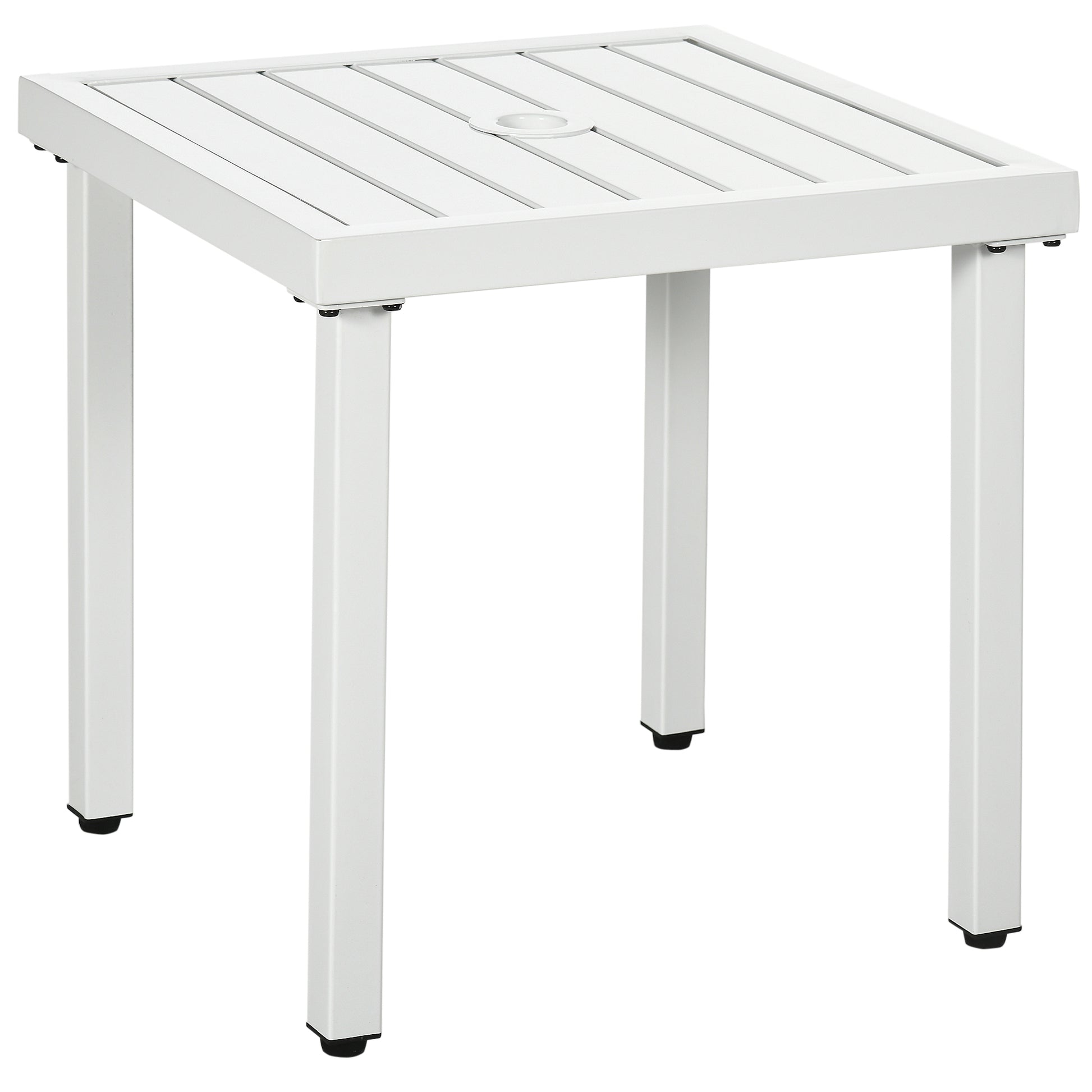 Photo of Outsunny Garden Side Table End Table Patio Coffee Table with Umbrella Hole, Steel Frame for Balcony, White in White colour on a white background