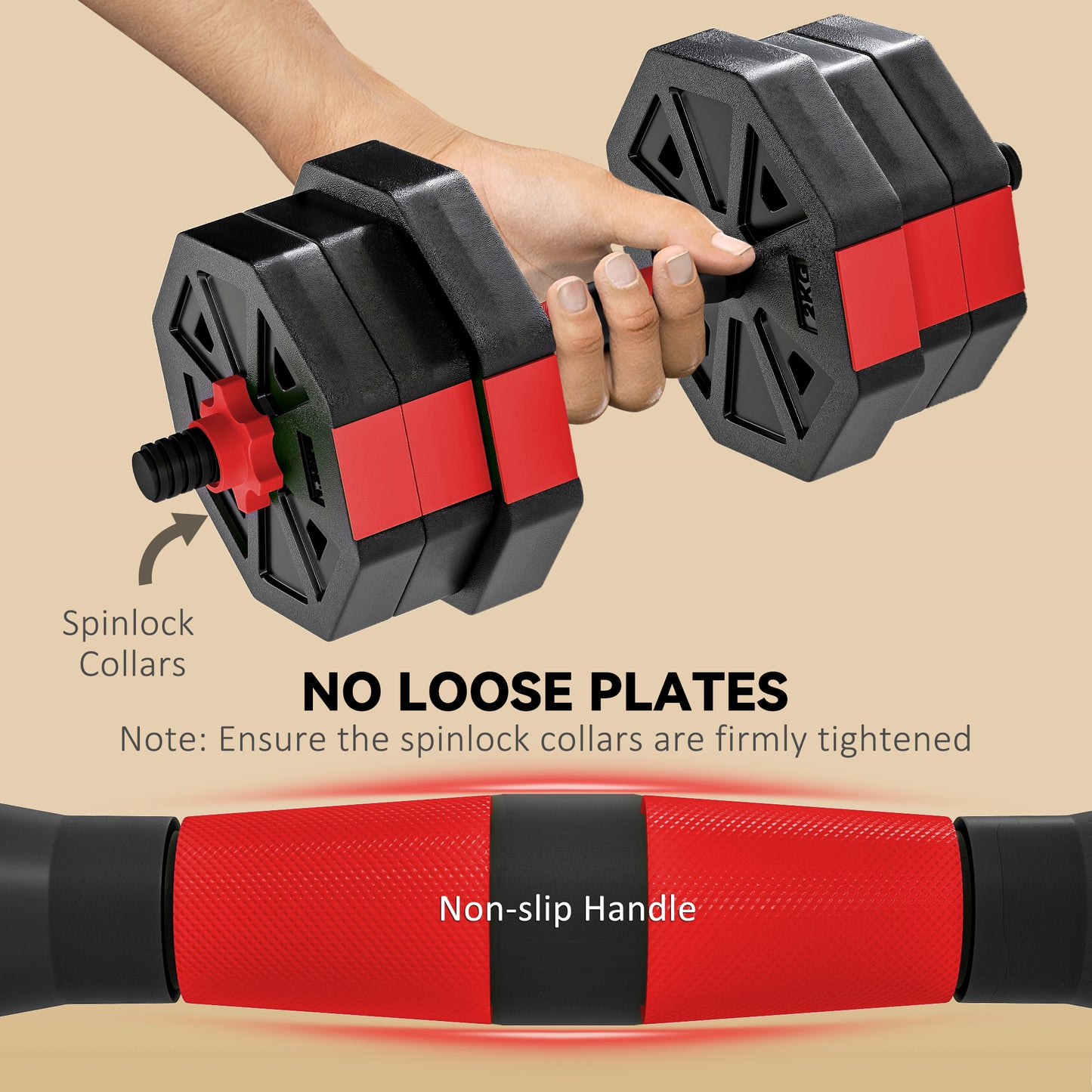 SPORTNOW 6-in-1 Adjustable Weight Dumbbells Set, Used as Kettlebell, Barbell, Dumbbell, Push-Up Stand, 20kg Free Weights Set for Men and Women Home Gym Training, Red