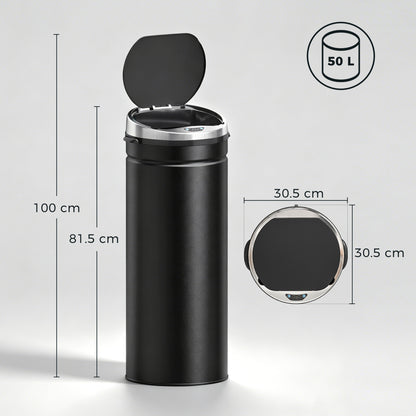 HOMCOM black 50L round sensor bin with open lid; dimensions shown