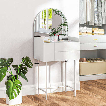 White compact dressing table with arched mirror, three drawers and metal legs