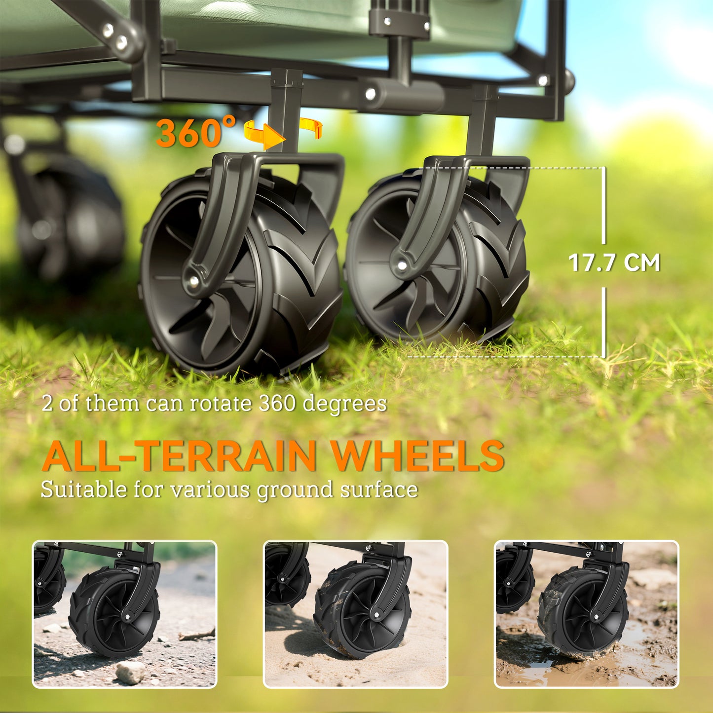 Outsunny 180L Festival Trolley on Wheels, Push & Pull Beach Cart with Removable Canopy, Wide All-Terrain Wheels, Folding Camping Trolley Cart, Adjustable Handle for Garden Fishing Shopping, Green
