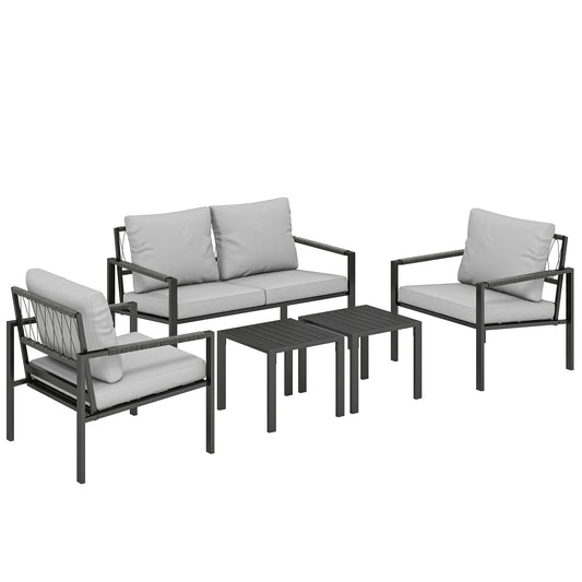 Photo of Outsunny 5 Piece Metal Garden Furniture Sofa Set with Thickened Cushions, Loveseat, 2 Armchairs, 2 Coffee Tables, Light Grey in Grey colour on a white background