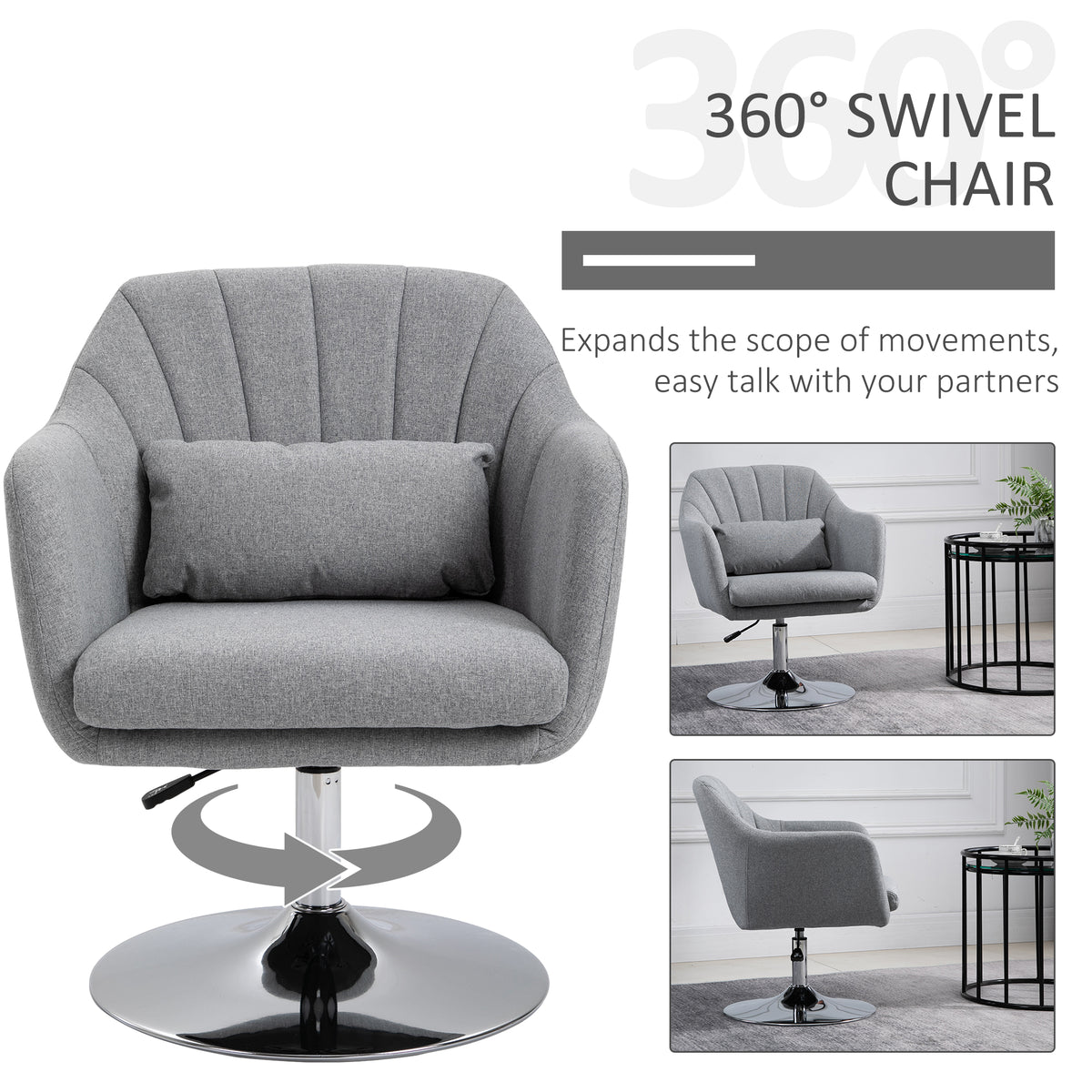 Light gray swivel chair with lumbar cushion, chrome pedestal base and 360-degree rotation