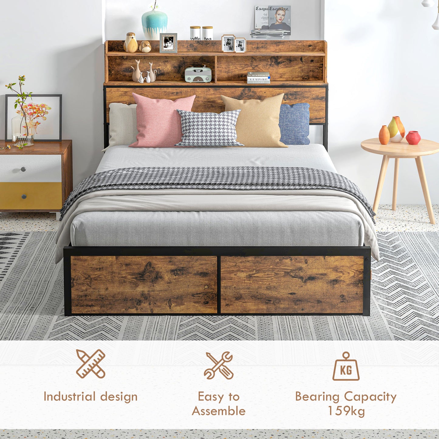 HOMCOM Industrial Double Bed Frame with Storage Headboard & Under-Bed Space – Robust Steel Base, 4.8 ft Double Bed, Rustic Brown