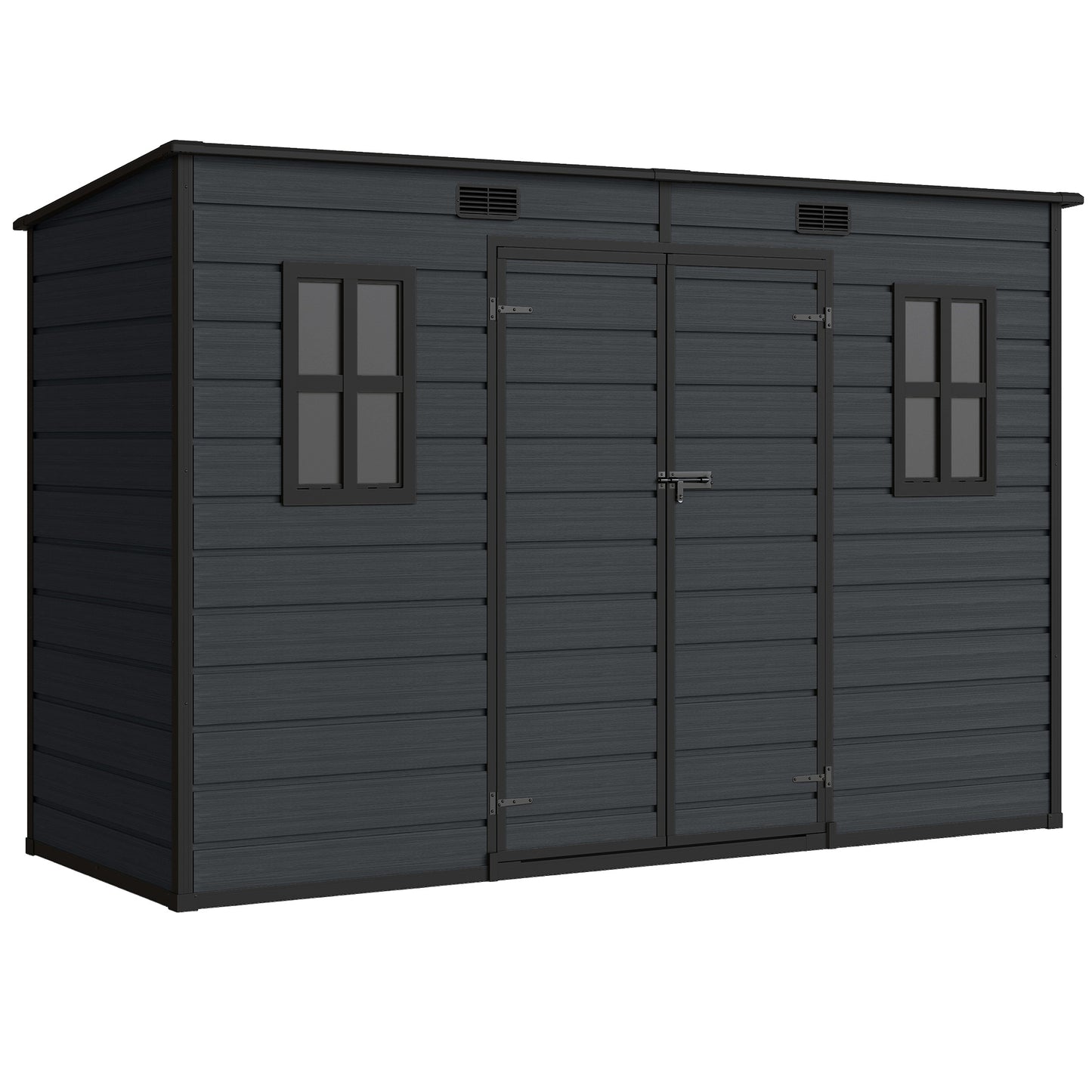 Photo of Outsunny 10 x 4 ft Resin Garden Shed, Outdoor Storage Shed with Floor, Windows, Lockable Doors and Vents, Dark Grey in Grey colour on a white background