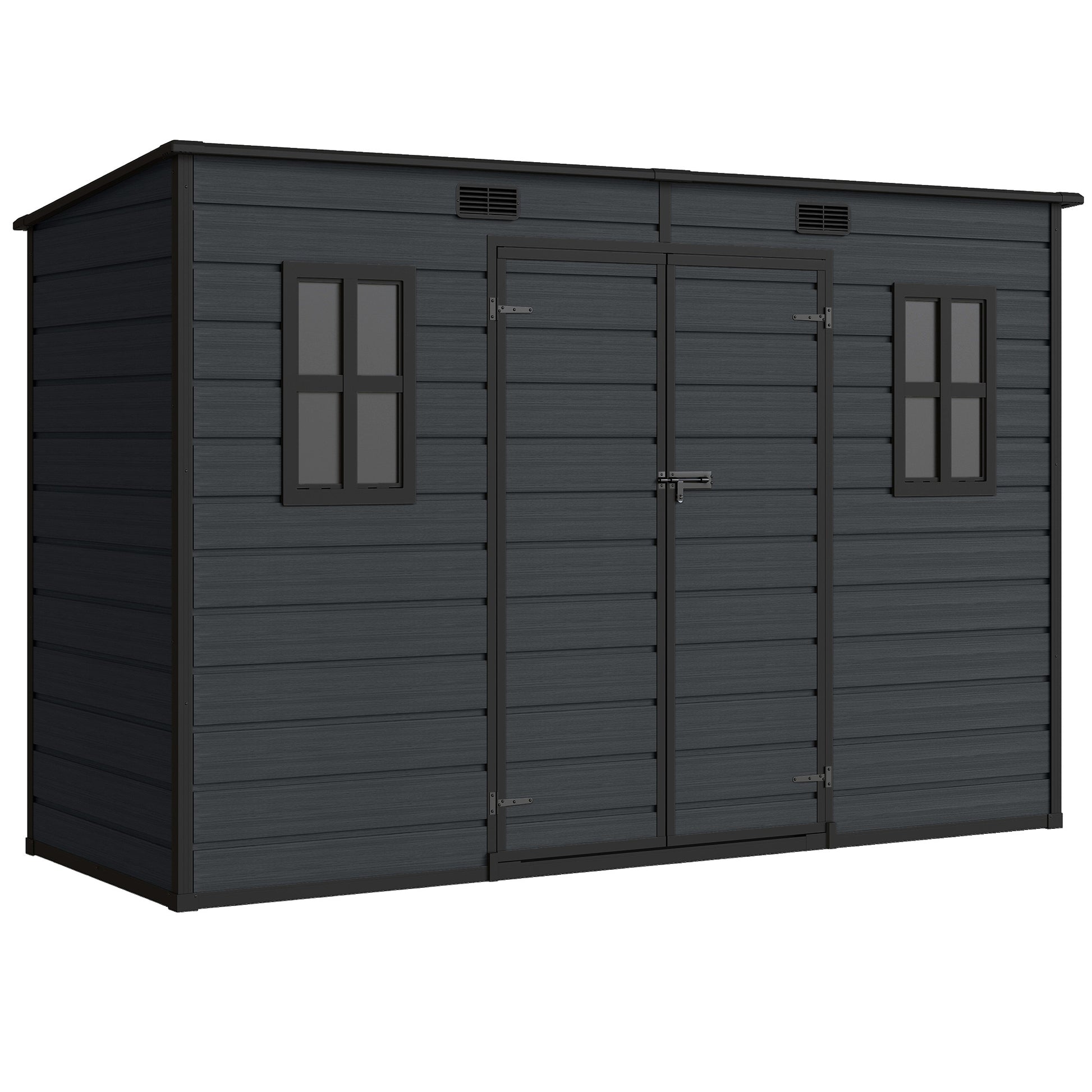 Photo of Outsunny 10 x 4 ft Resin Garden Shed, Outdoor Storage Shed with Floor, Windows, Lockable Doors and Vents, Dark Grey in Grey colour on a white background