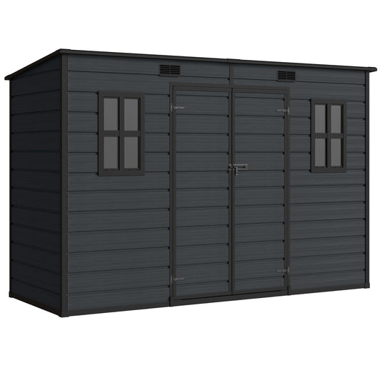 Photo of Outsunny 10 x 4 ft Resin Garden Shed, Outdoor Storage Shed with Floor, Windows, Lockable Doors and Vents, Dark Grey in Grey colour on a white background