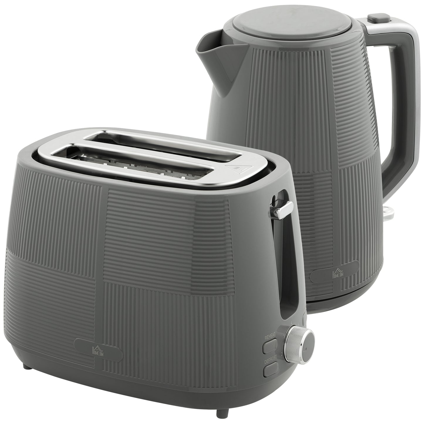 Photo of HOMCOM Kettle and Toaster Set, 1.7L 3000W Fast Boil Kettle & 2 Slice Toaster Kitchen Set with 7 Level Browning Controls, Defrost, Reheat, Boil-dry Protection, Grey in Grey colour on a white background