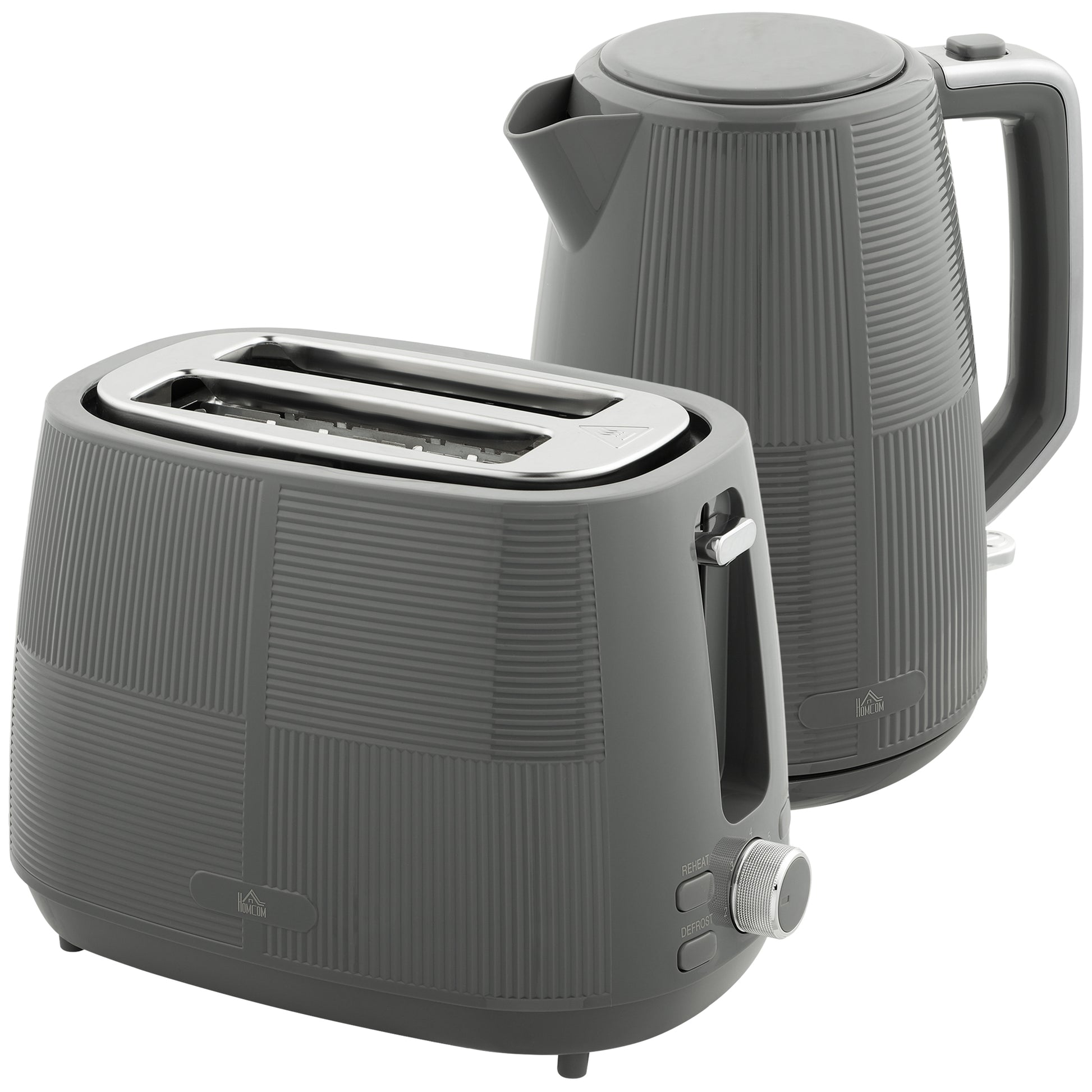 Photo of HOMCOM Kettle and Toaster Set, 1.7L 3000W Fast Boil Kettle & 2 Slice Toaster Kitchen Set with 7 Level Browning Controls, Defrost, Reheat, Boil-dry Protection, Grey in Grey colour on a white background