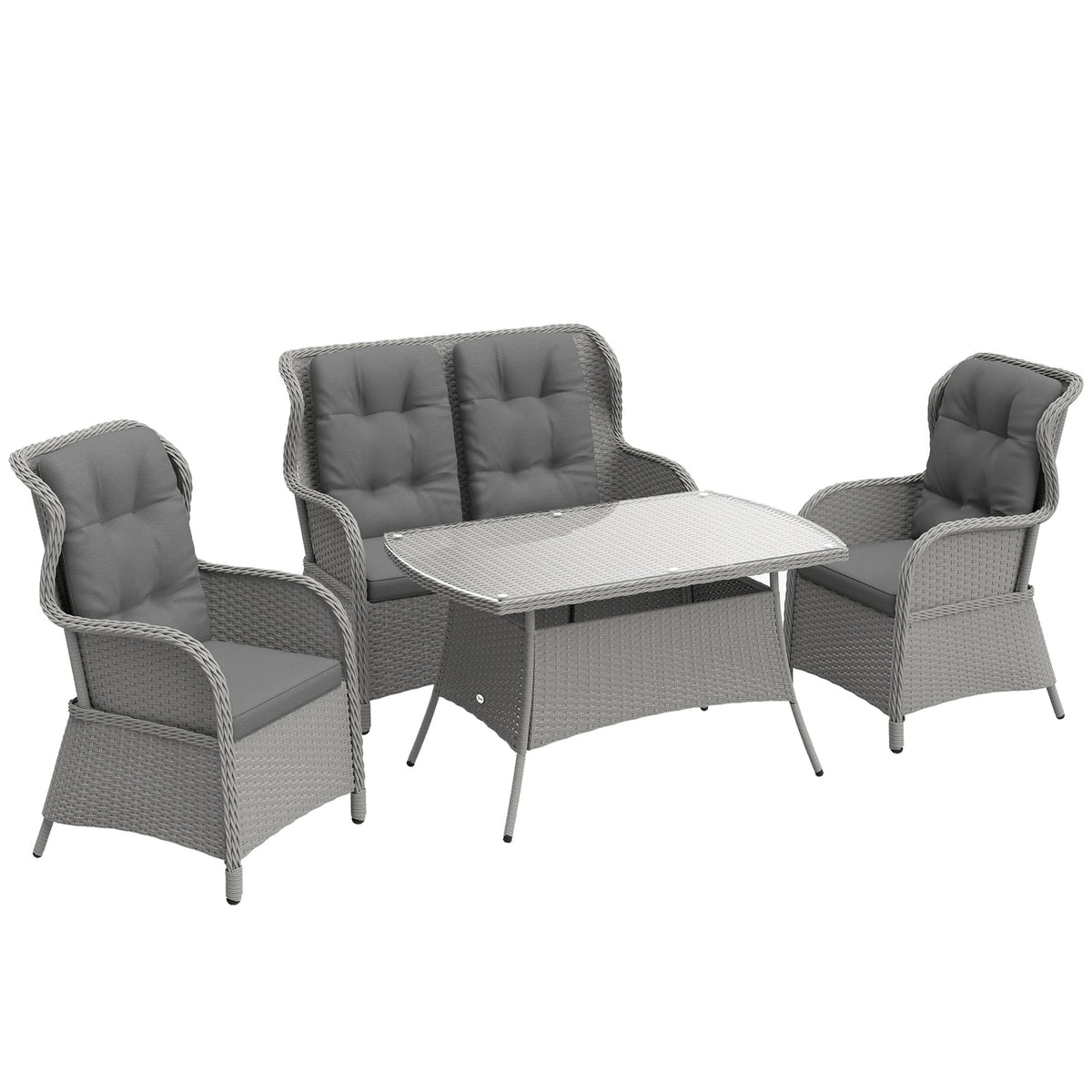 Outsunny light gray wicker patio set with two armchairs, loveseat, cushions, and glass-top table