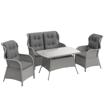 Outsunny light gray wicker patio set with two armchairs, loveseat, cushions, and glass-top table