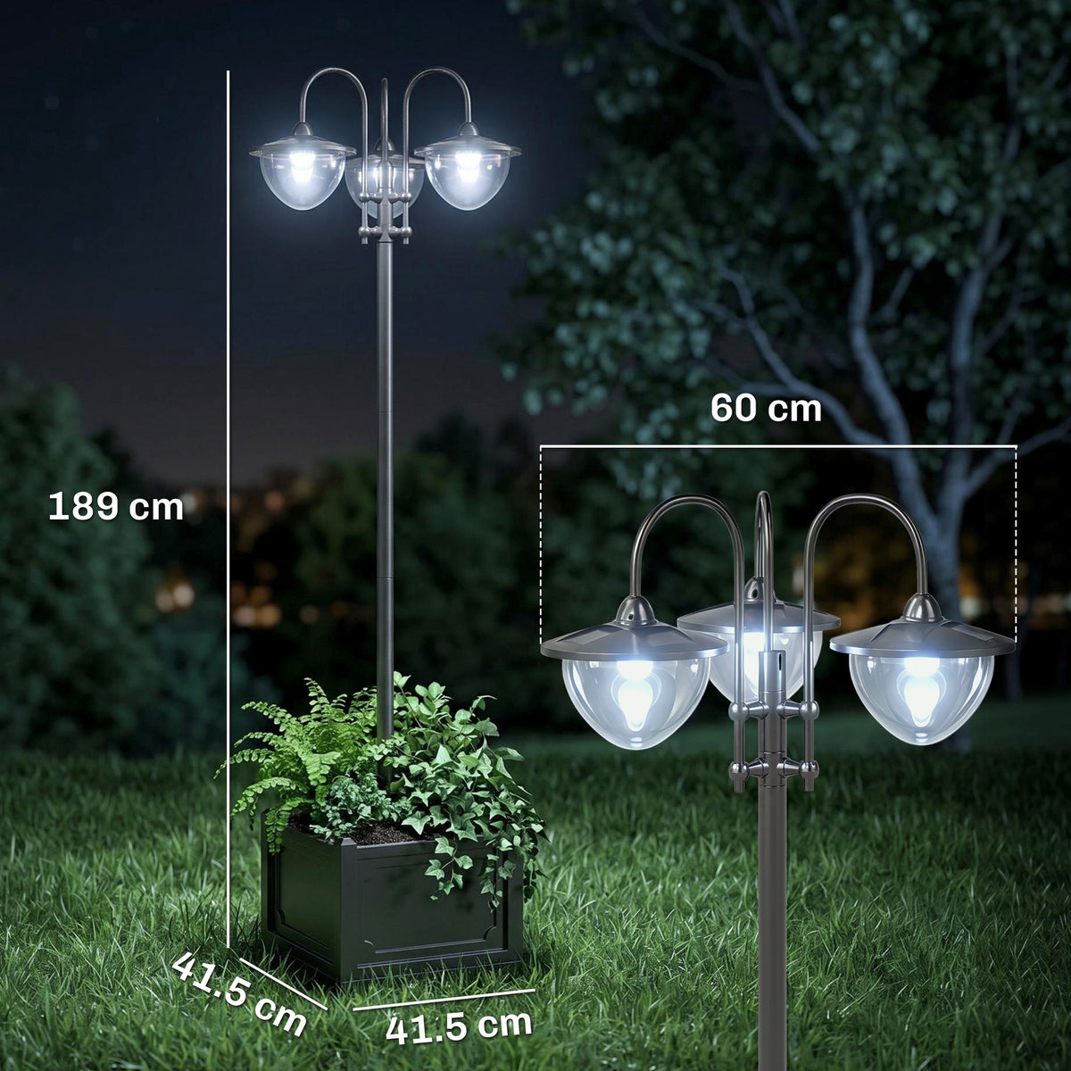 Three-head solar lamp post with planter base, shown with height and width measurements