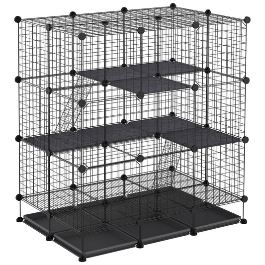 Photo of PawHut 3 Level DIY Pet Playpen Metal Small Animal Cage Rabbit Ferret Chinchillas Cage 4 Doors Bottom Trays Black in Black colour on a white background