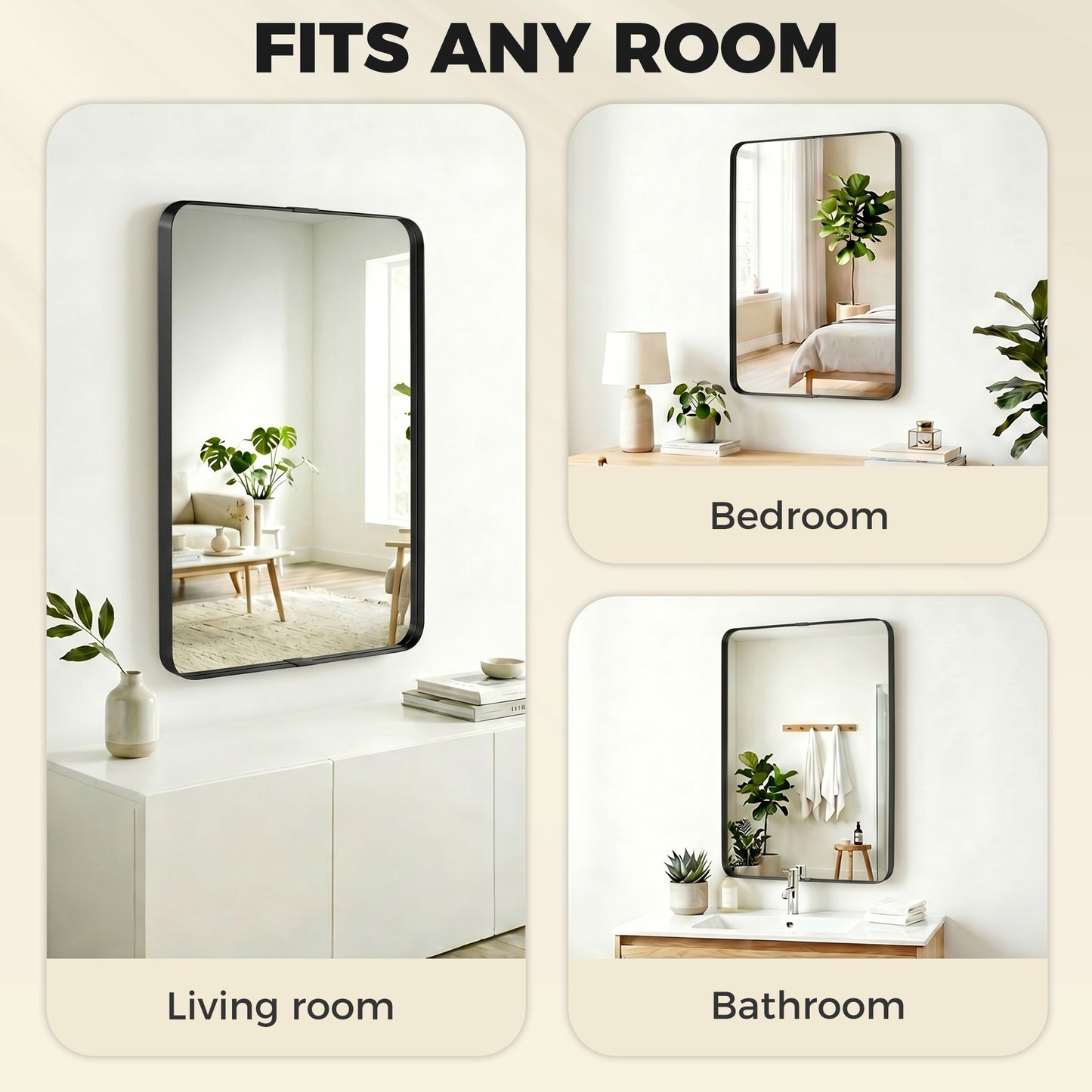 HOMCOM Rectangular Wall Mirror, 90 x 60 cm Wall Mounted Bathroom Mirror with Aluminium Alloy Frame and Tempered Glass, Black
