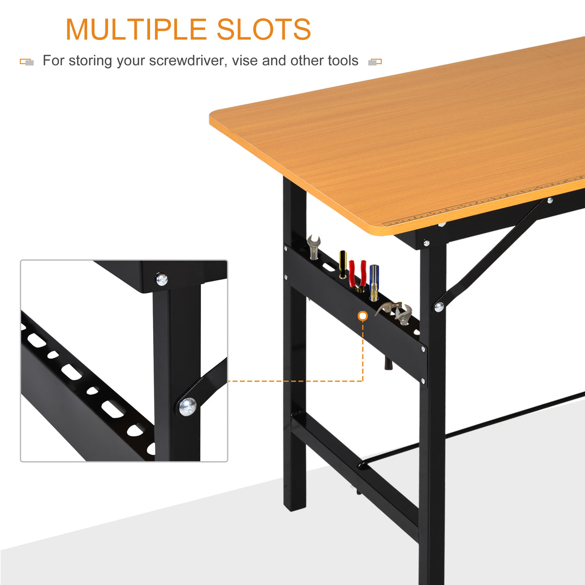 HOMCOM workbench with tool-hanging slots along the black steel frame