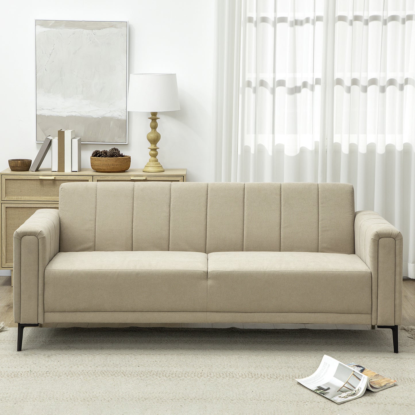 HOMCOM 3 Seater Sofa, Modern Fabric Sofa Couch, Channel Tufted Upholstered Sofa Settee for Living Room, Guest Room, Bedroom, Home Office, Khaki