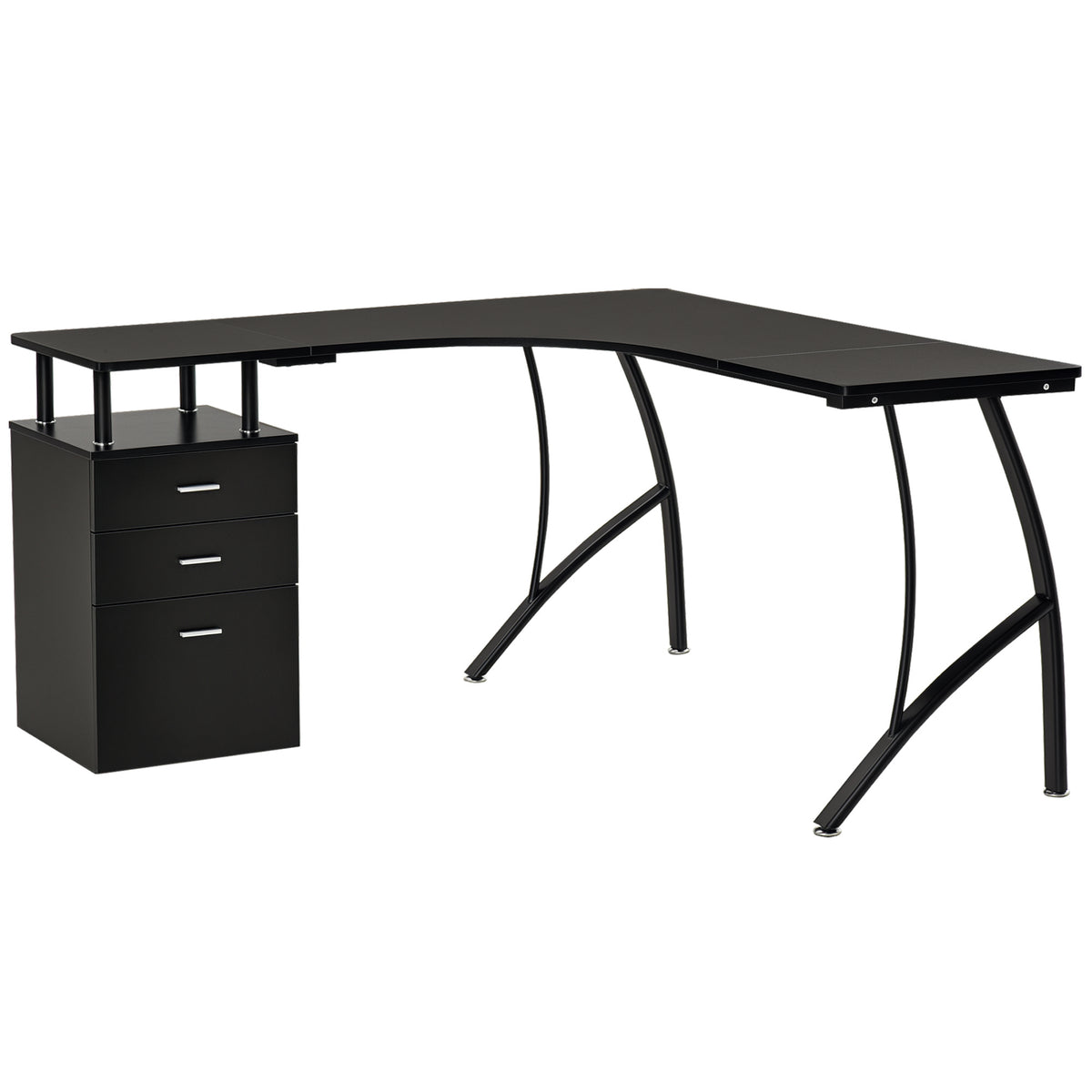 HOMCOM black L-shaped computer desk with three-drawer cabinet and curved metal legs