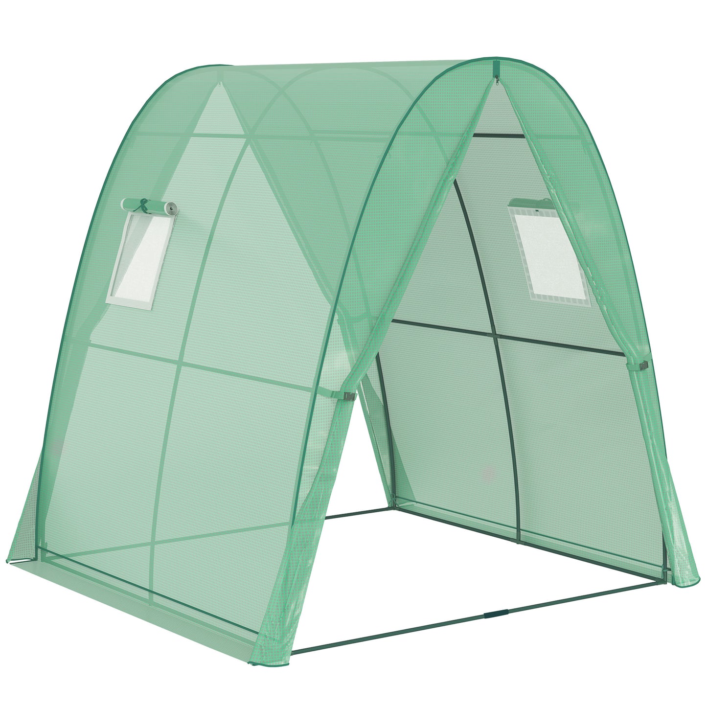 Photo of Outsunny Polytunnel Greenhouse with Sandbags, Walk-In Tunnel Green House with 2 Doors and Screen Windows, 1.8 x 1.8 x 2m, Green in Green colour on a white background