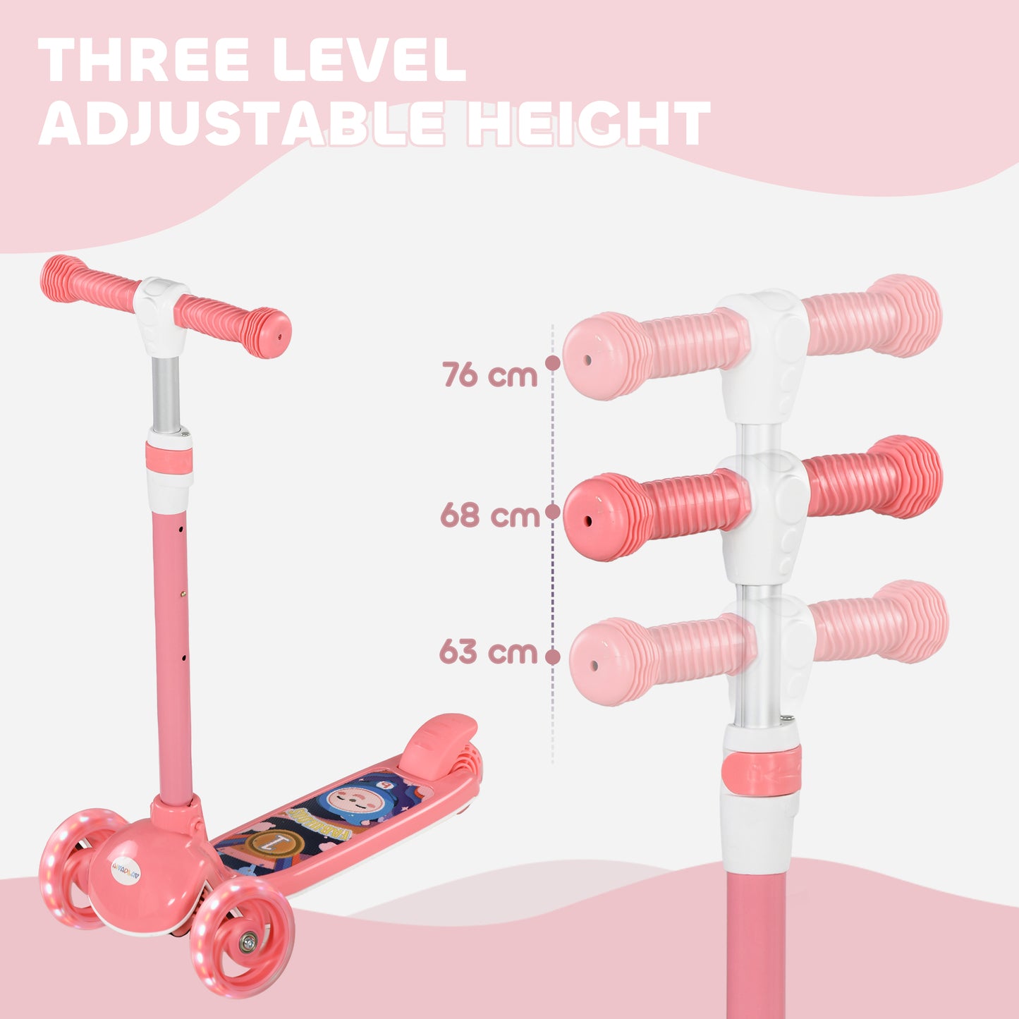 AIYAPLAY Kids 3 Wheel Scooter for 2-6 Years Old w/ Adjustable Height, LED Light, TPE Handlebar, Pink
